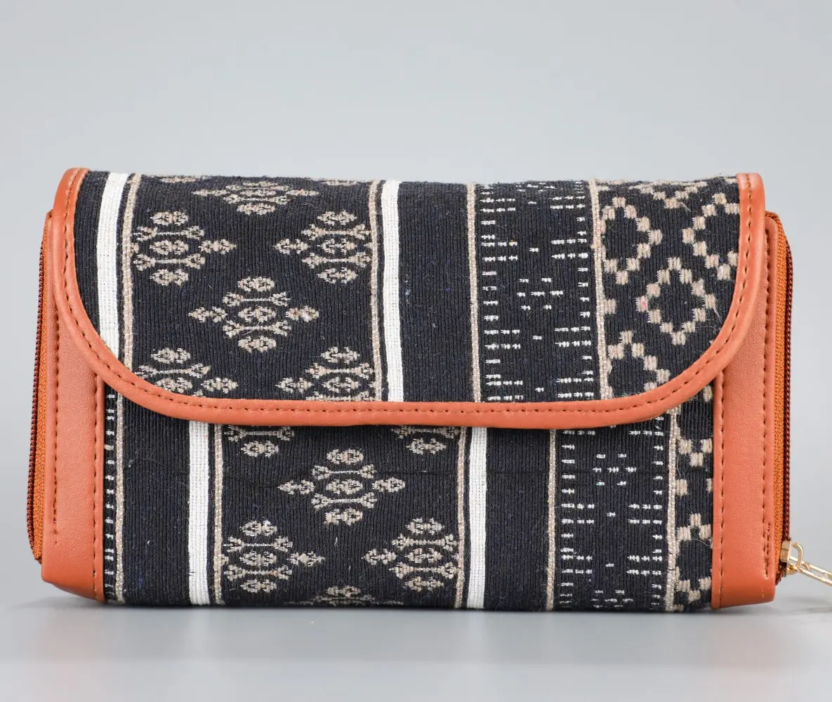 Vintage  Beige Abstract Double Zipped  Wallet
